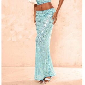 Pretty Little Thing Aquamarine Blue Sequin Maxi Skirt Women Size 10 Vegas Beach